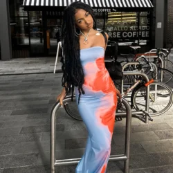 Sexy Strapless Print Tube Maxi Dress Women Off Shoulder Backless Stretch Long…