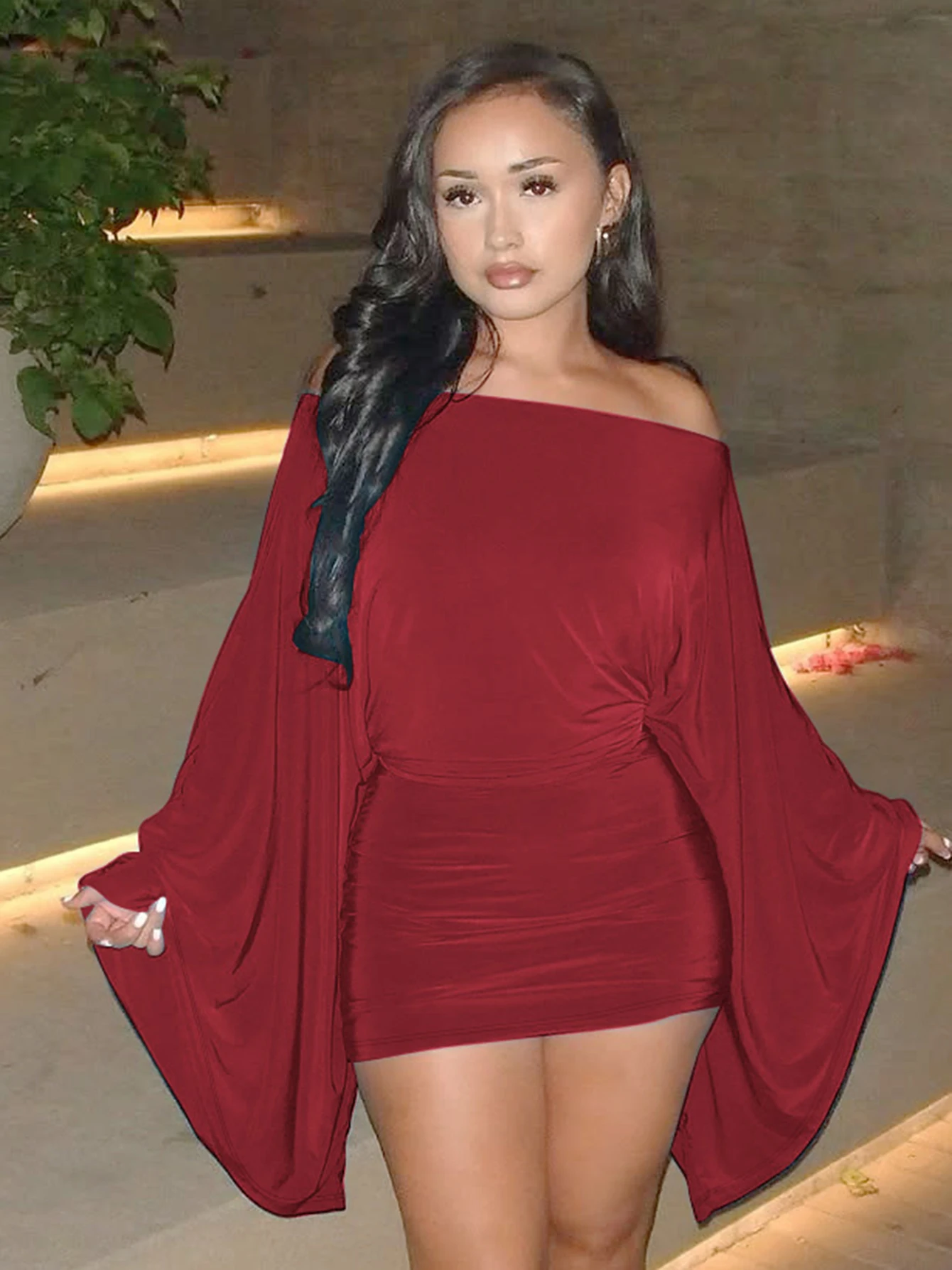 Hugcitar Solid Long Cloak Sleeve Sexy Loose Sexy Ruched Sexy Bodycon Mini Dress… - Image 9