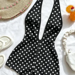 French-Style Retro Polka Dot Halter Neck Jumpsuit, Deep V Backless Waist-Cinching…