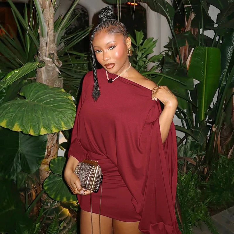 Hugcitar Solid Long Cloak Sleeve Sexy Loose Sexy Ruched Sexy Bodycon Mini Dress… - Image 50