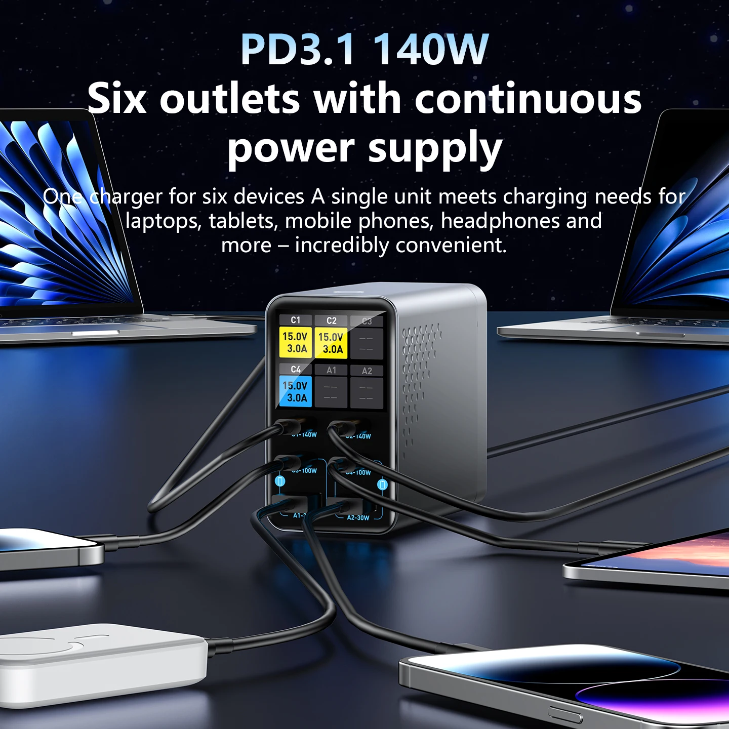 140W GaN 6 Ports PD3.1 Fast Charger Digital Display Multi Port USB C Charging… - Image 3
