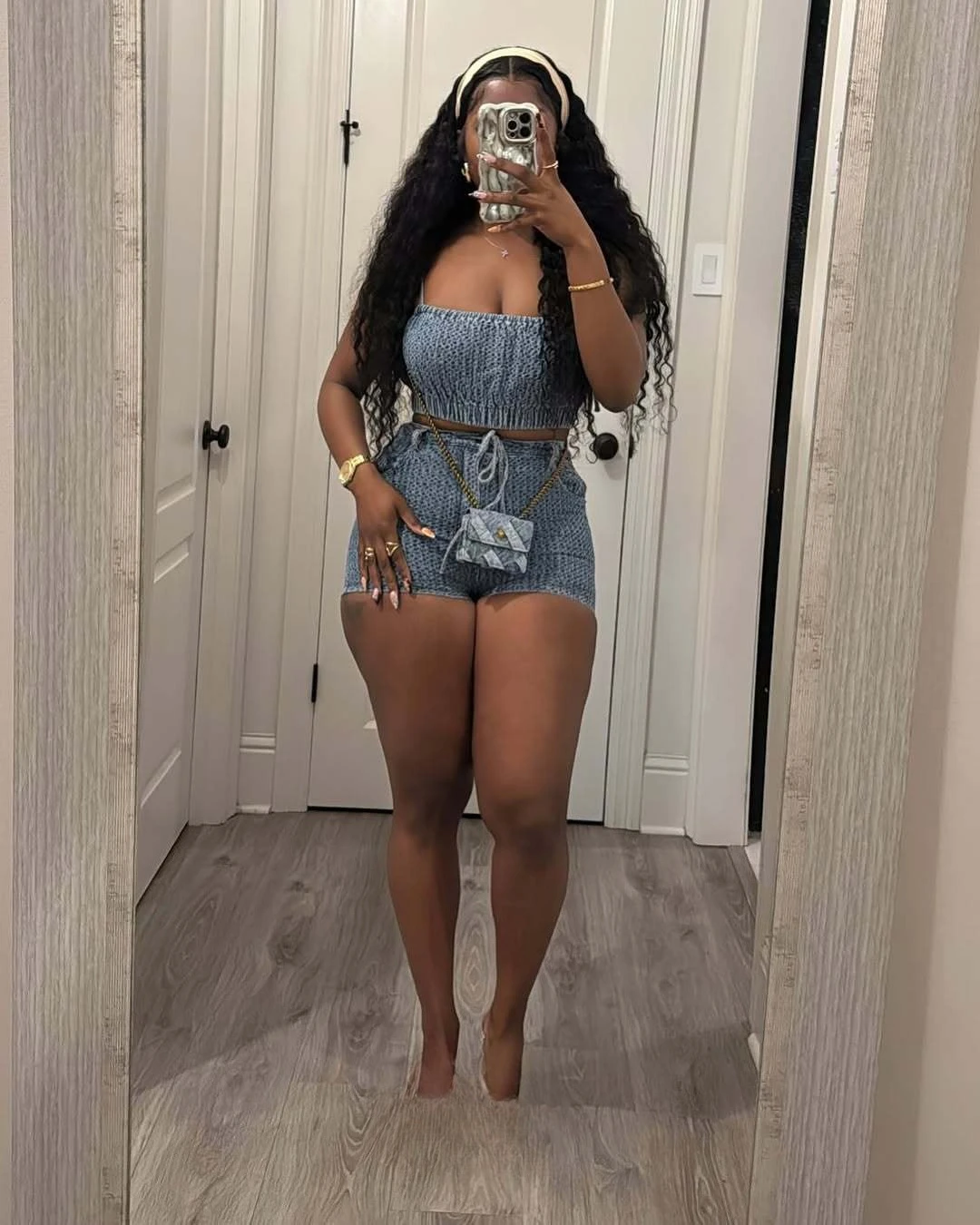 A Fashionable and Sexy Slim-fitting Denim Lace-up Two-piece Set. Women's Summer…