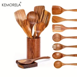 9PCS Wooden Spoons For Cooking, Wooden Utensils For Cooking With Utensils Holder…