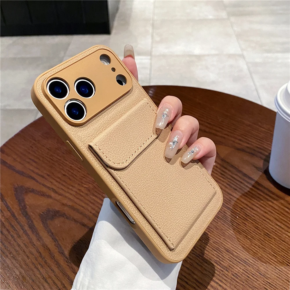 luxury Leather Card Holder Wallet Case For iPhone 11 12 13 mini 14 15 16 E 17 Pro Max 8 7 Plus X Camera Lens Protection Cover - Image 2