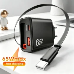 65W USB Phone Charger With Retractable Super Fast Charging Type C Cable For iPhone…