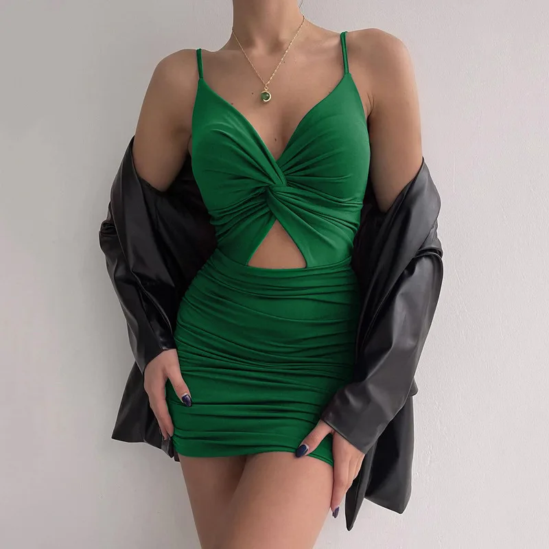 2022 Sexy Spaghetti Strap Bodycon Dress Women Backless Folds Wrap Hip Dresses… - Image 13