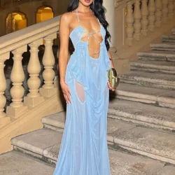 Nibber Prom Party Gown Dress Woman Sexy See Through Luxury Chain Halter Low-Neck…