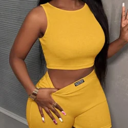 Trendy Turmeric Ribbed Two-Piece Set Women's Crop Top and Shorts Sporty Casual Set…