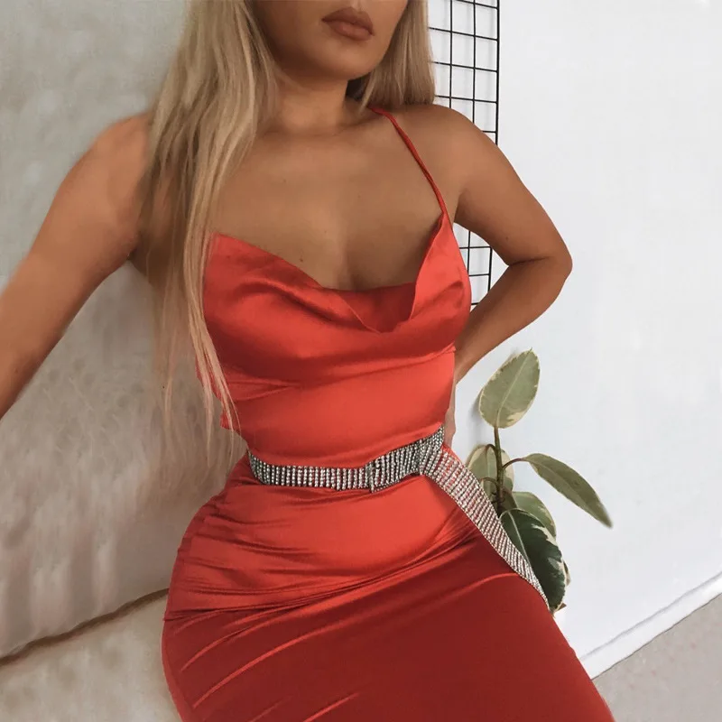 2024 Summer Women's Elegant Party Sexy Lace Up Nightclub Dress Satin Long Dress… - Image 4