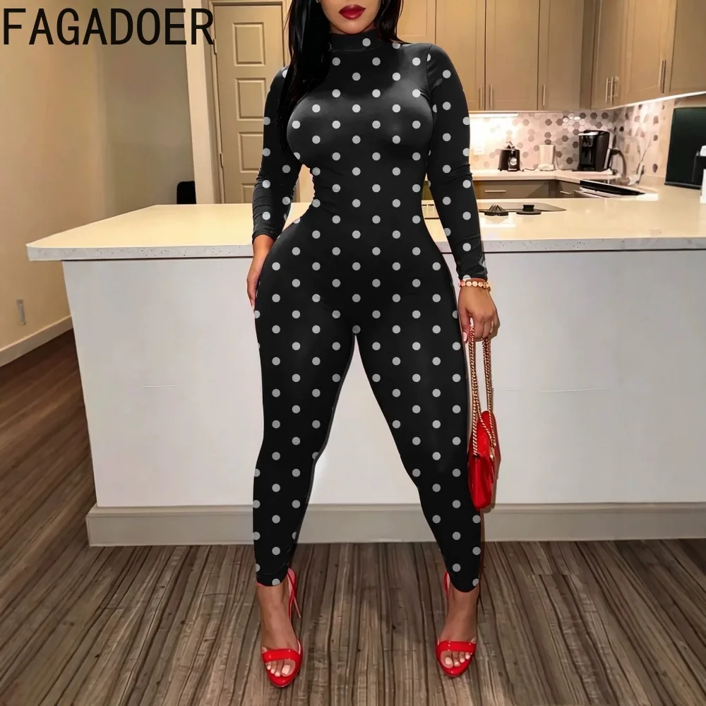 FAGADOER Sexy Women Polka Dot Bodycon Jumpsuit High Neck Long Sleeve Slim Fit One… - Image 3