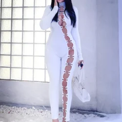 Women's stand up collar tight solid color jumpsuit with metal circle decoration…