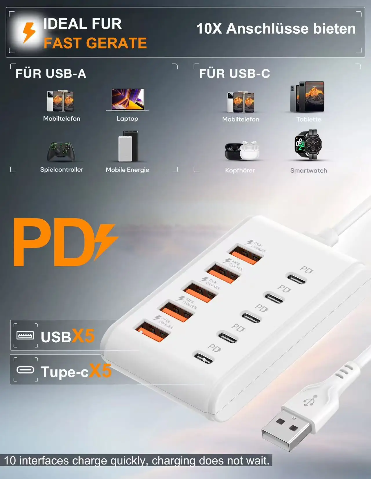 USB Charger Multi Ports Type C Fast Charging Power Socket Desktop Quick Charge… - Image 9