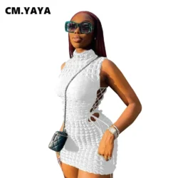 CM.YAYA Lace Up Side Hollow Out Seersucker Sleeveless Turtleneck Bodycon Midi…