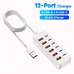 12-Port USB Charger 6 USB-A 6 USB-C Desktop Charging Station Fast Charger Multi…