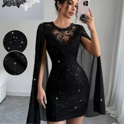 Women Black Glitter Bodycon Mini Dress Lace Crew Neck Sheer Cape Sleeve Slim Party…