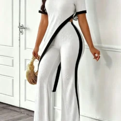 Women Color Block Ribbed 2 Piece Outfit Asymmetrical Tunic Top High Waist Wide Leg…
