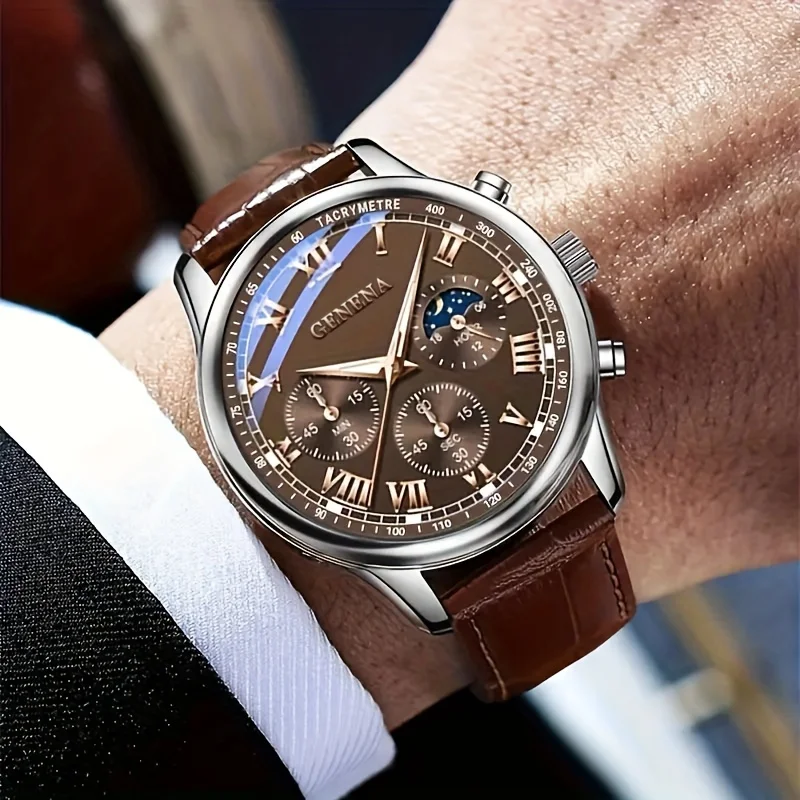 GENEVA High Quality Men's Luxury Belt Fashion Quartz Watch Men Round Business Student Sport Waterproof Glow Clock - Image 3