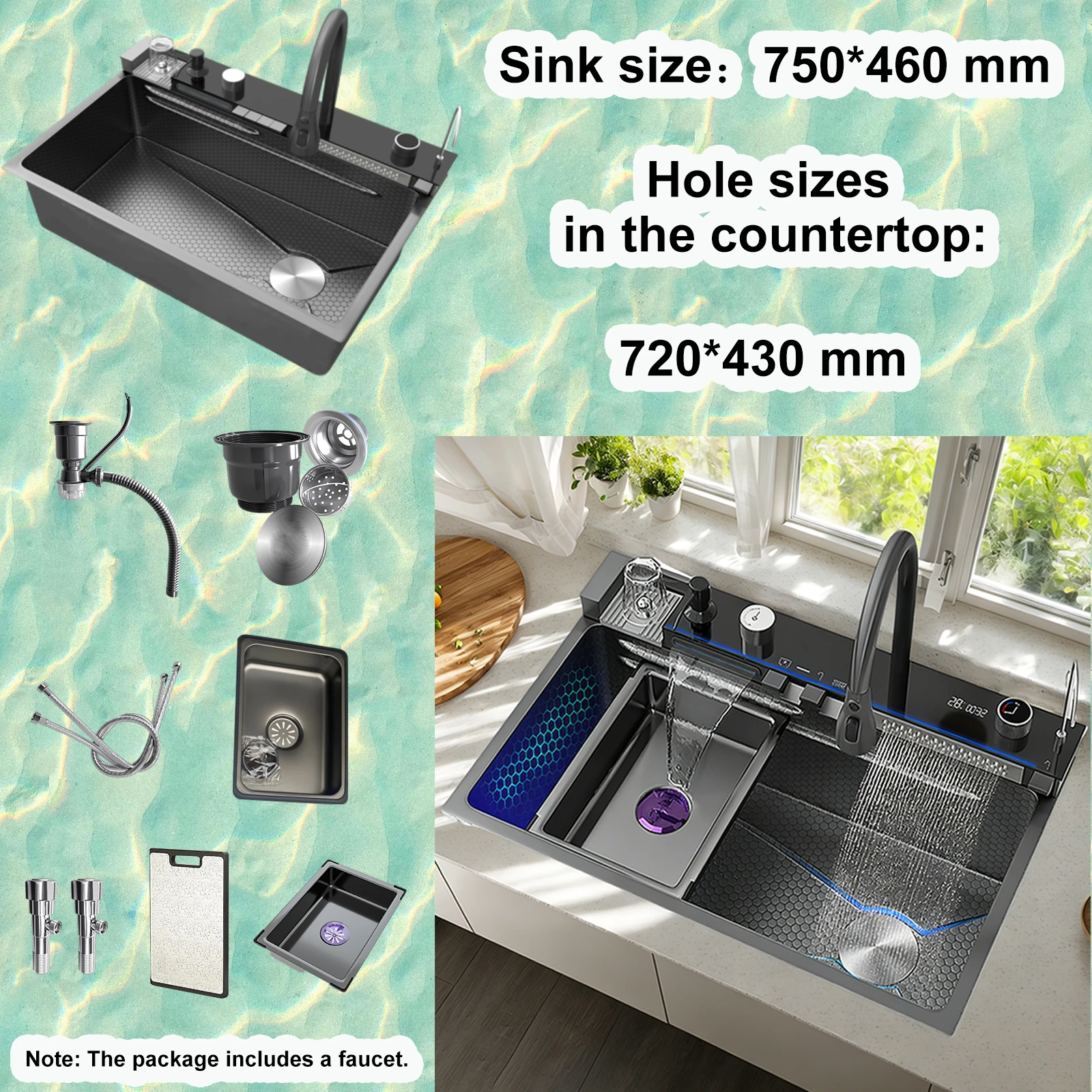Multifunctional Sinks Stainless Steel Waterfall Kitchen Sink Includes 120 × 50… - Image 14