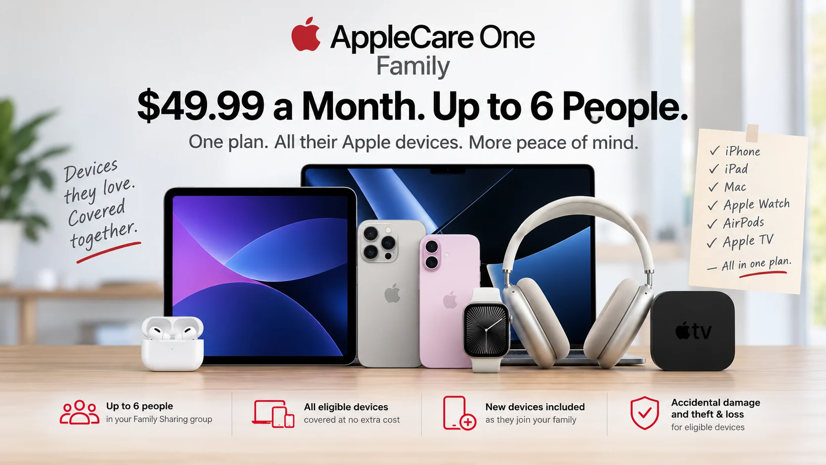 Apple devices representing AppleCare One Family household coverage
