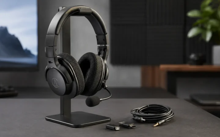 Editorial visualization of a black wired over-ear streaming headset with boom microphone