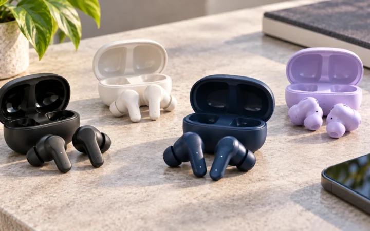 Four compact true-wireless earbud sets arranged with charging cases in a clean premium audio-product scene.