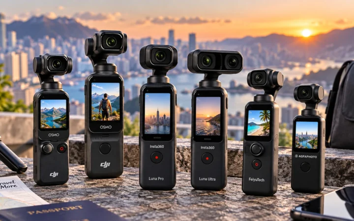 DJI and Insta360 pocket gimbal cameras arranged for a 2026 vlogging camera comparison