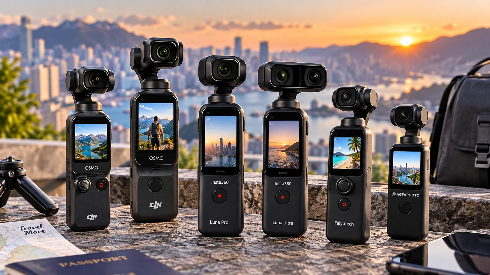 DJI and Insta360 pocket gimbal cameras arranged for a 2026 vlogging camera comparison
