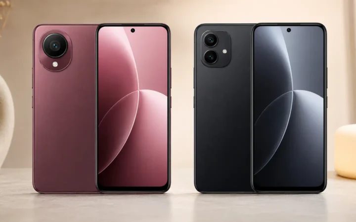 Editorial visualization of two affordable Android smartphones standing side by side