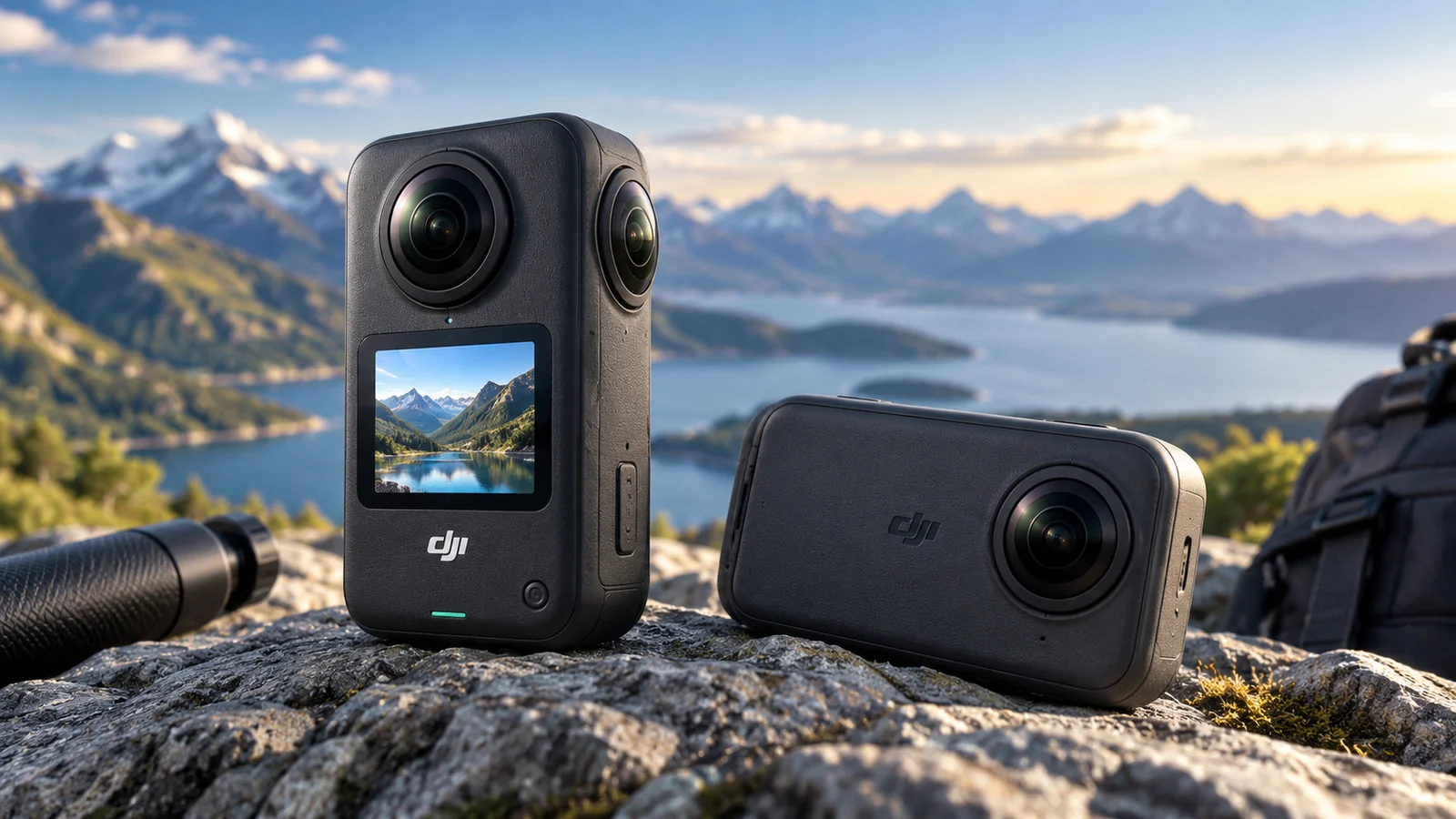 Two compact dual-lens 360-degree cameras on a rock overlooking an alpine lake and mountain range.