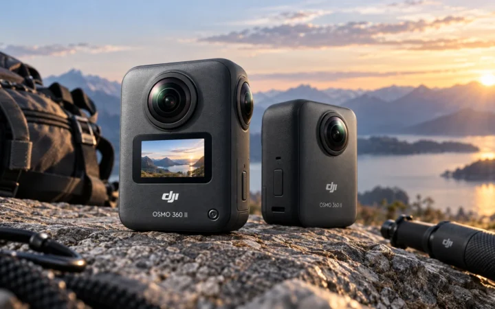 Two dual-lens 360-degree action cameras on a rocky overlook at sunset with creator accessories nearby.