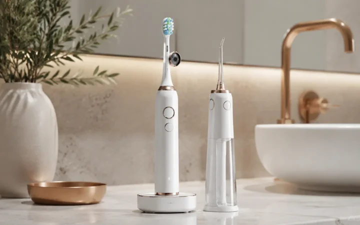 Premium electric toothbrush with a small camera and oral-rinse attachment on a bathroom counter