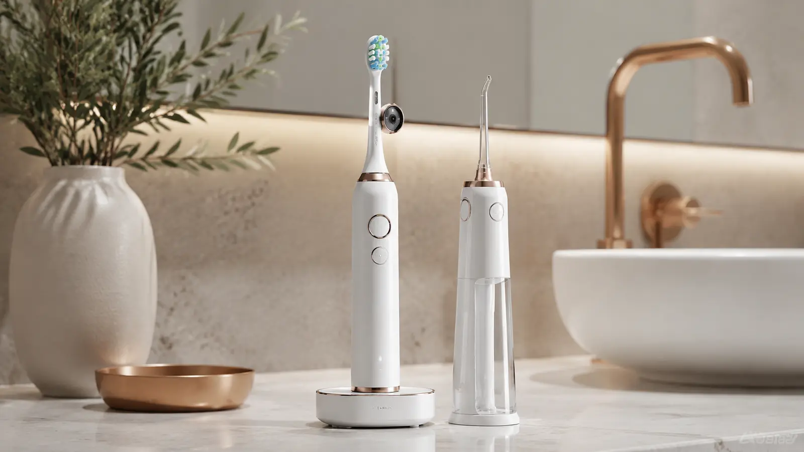 Premium electric toothbrush with a small camera and oral-rinse attachment on a bathroom counter