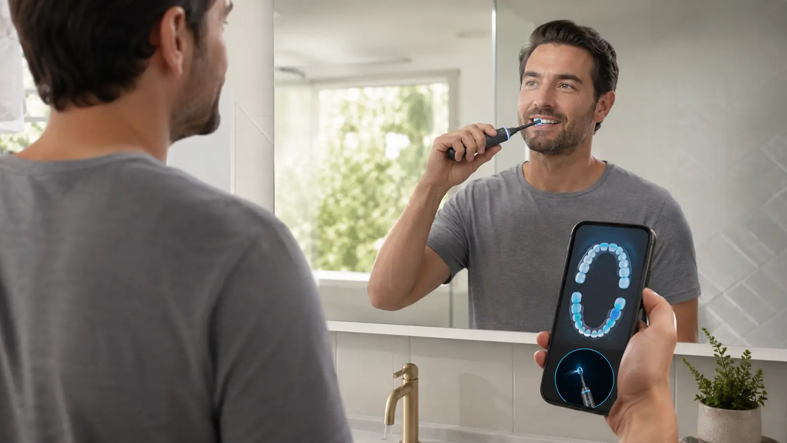 Adult brushing teeth while a phone displays a simplified coverage map