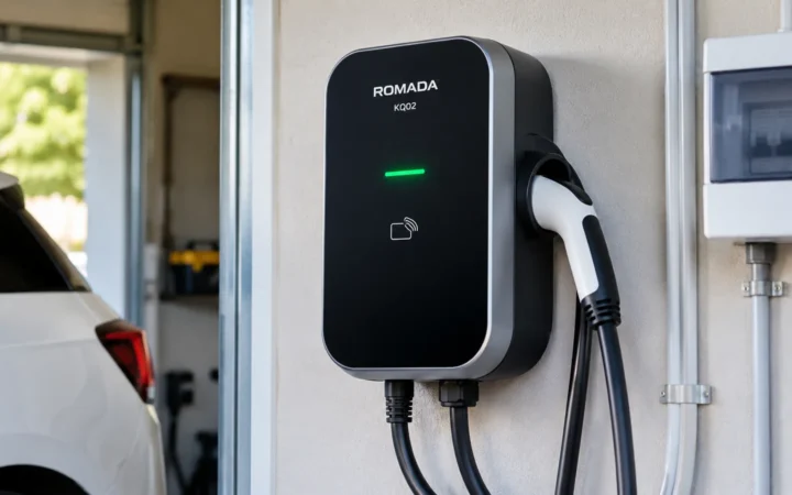 ROMADA KQ02 wall-mounted EV charger in a garage installation
