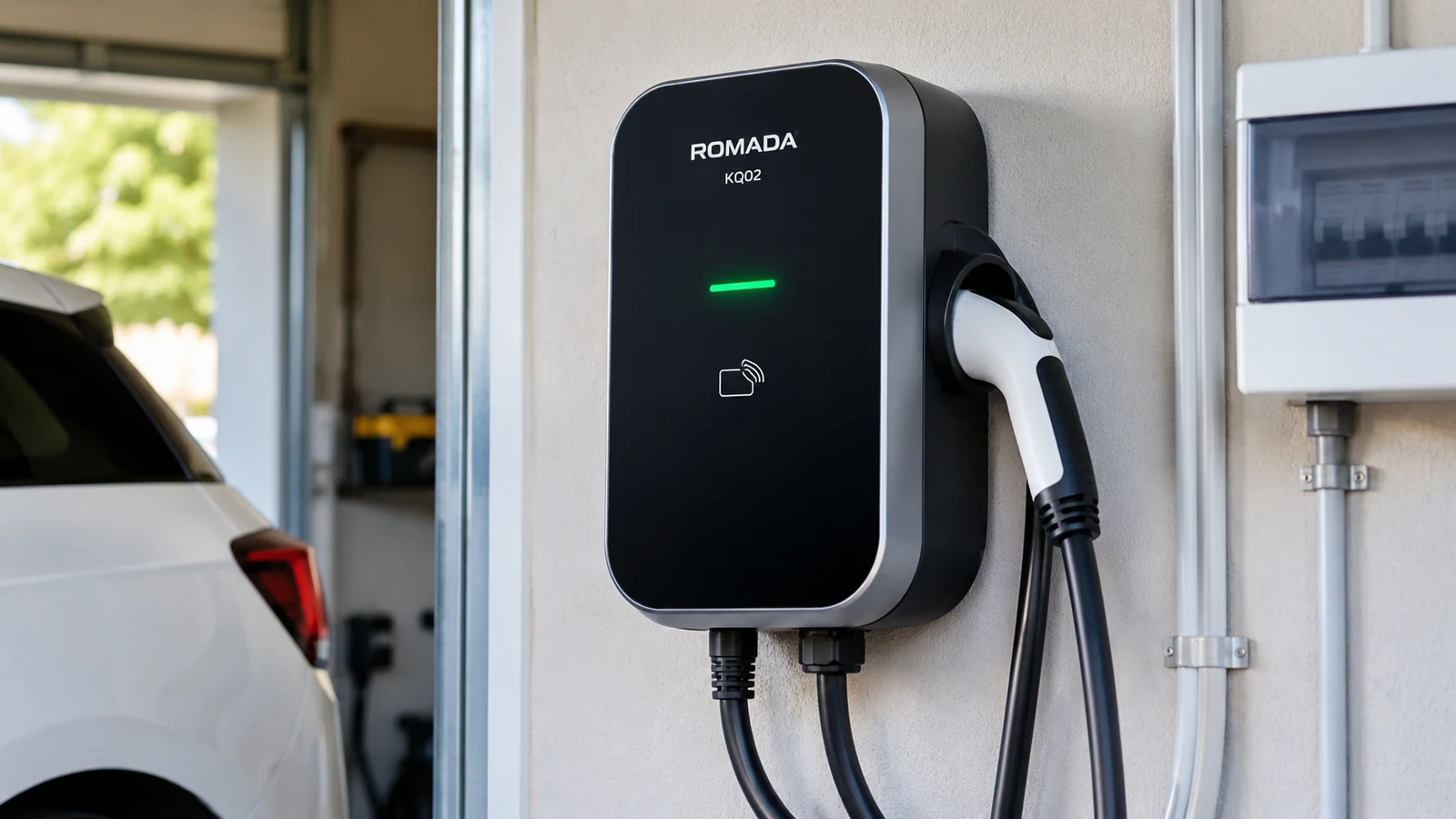 ROMADA KQ02 wall-mounted EV charger in a garage installation