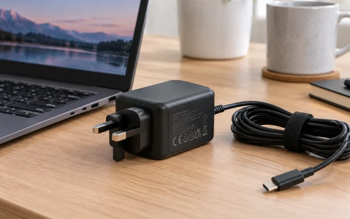 GEU PA-45W style laptop charger with UK three-pin plug beside a laptop