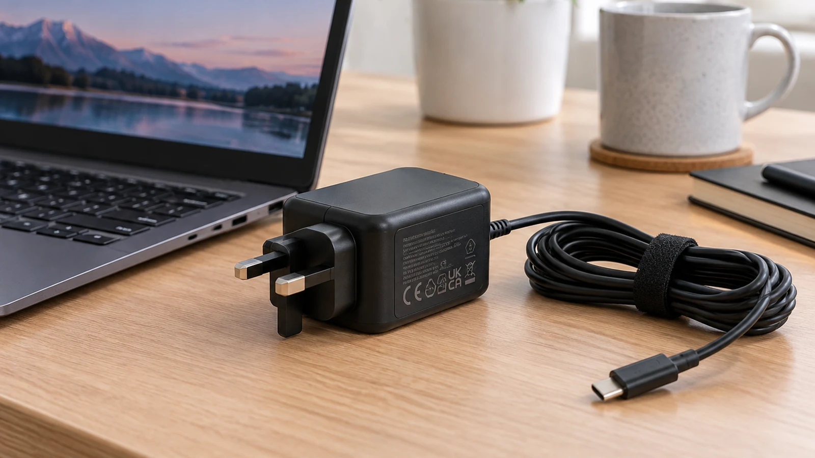 GEU PA-45W style laptop charger with UK three-pin plug beside a laptop