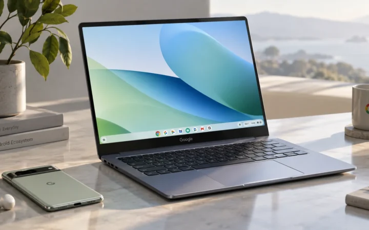 Premium Googlebook-style laptop beside an Android phone