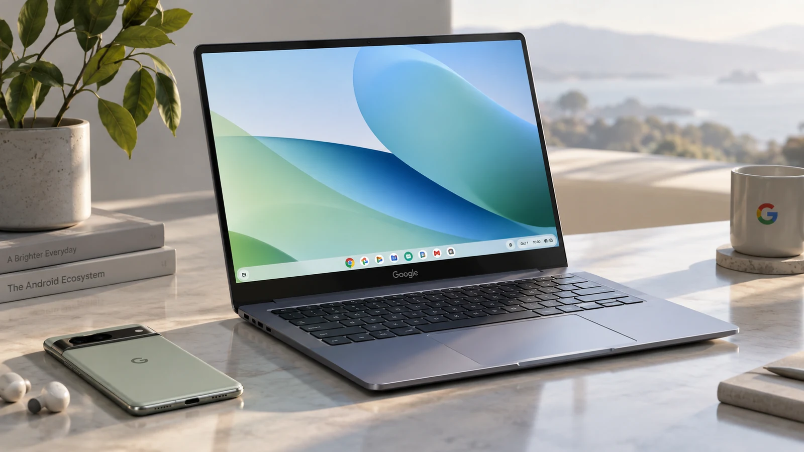 Premium Googlebook-style laptop beside an Android phone