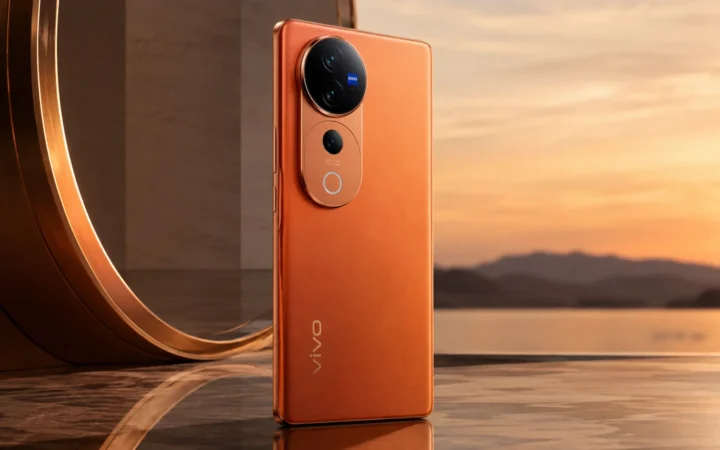 Orange Vivo V80 style smartphone with ZEISS-branded triple rear cameras