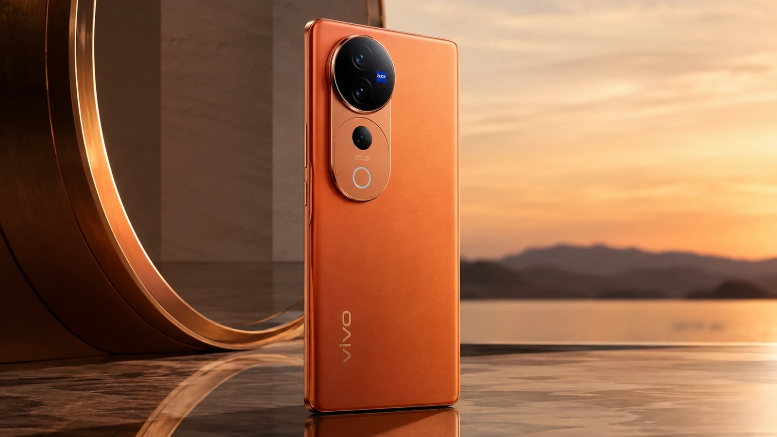 Orange Vivo V80 style smartphone with ZEISS-branded triple rear cameras