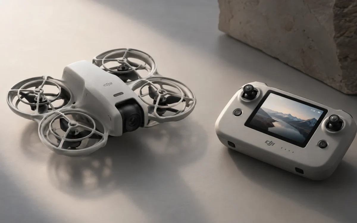 Compact guarded mini drone with a small built-in-screen controller