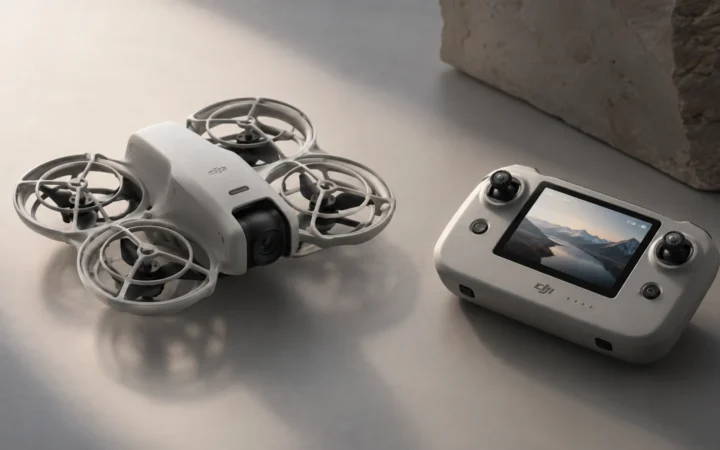 Compact guarded mini drone with a small built-in-screen controller
