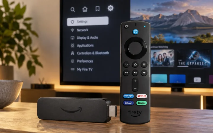 Amazon Fire TV stick and remote in front of a television settings screen
