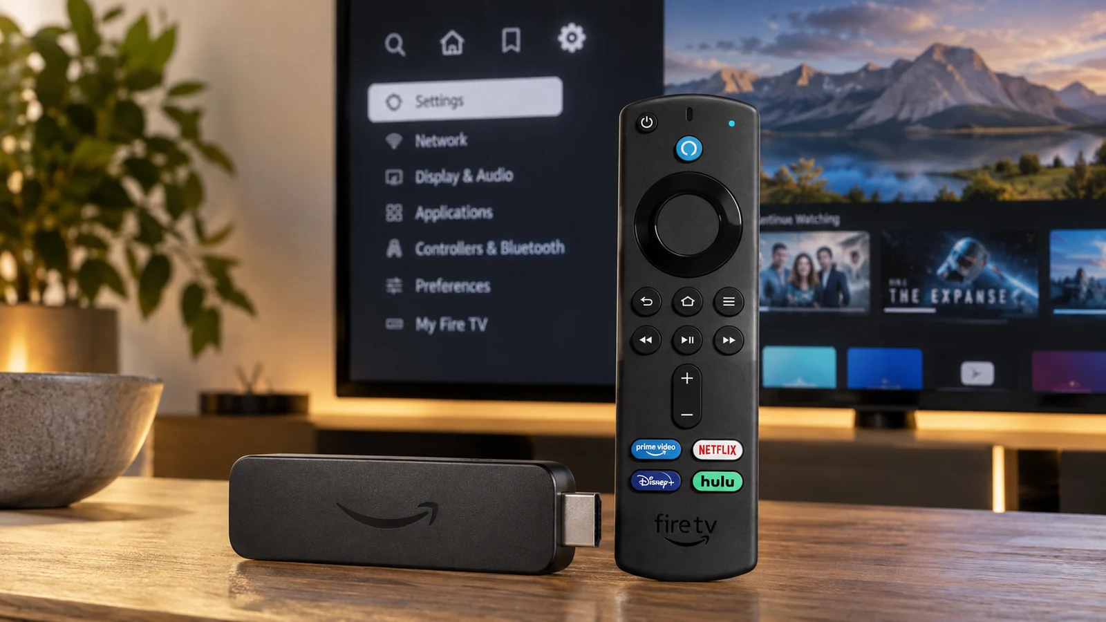 Amazon Fire TV stick and remote in front of a television settings screen