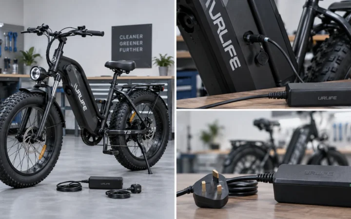 URLIFE T2 electric bike and charger in a product-safety inspection scene