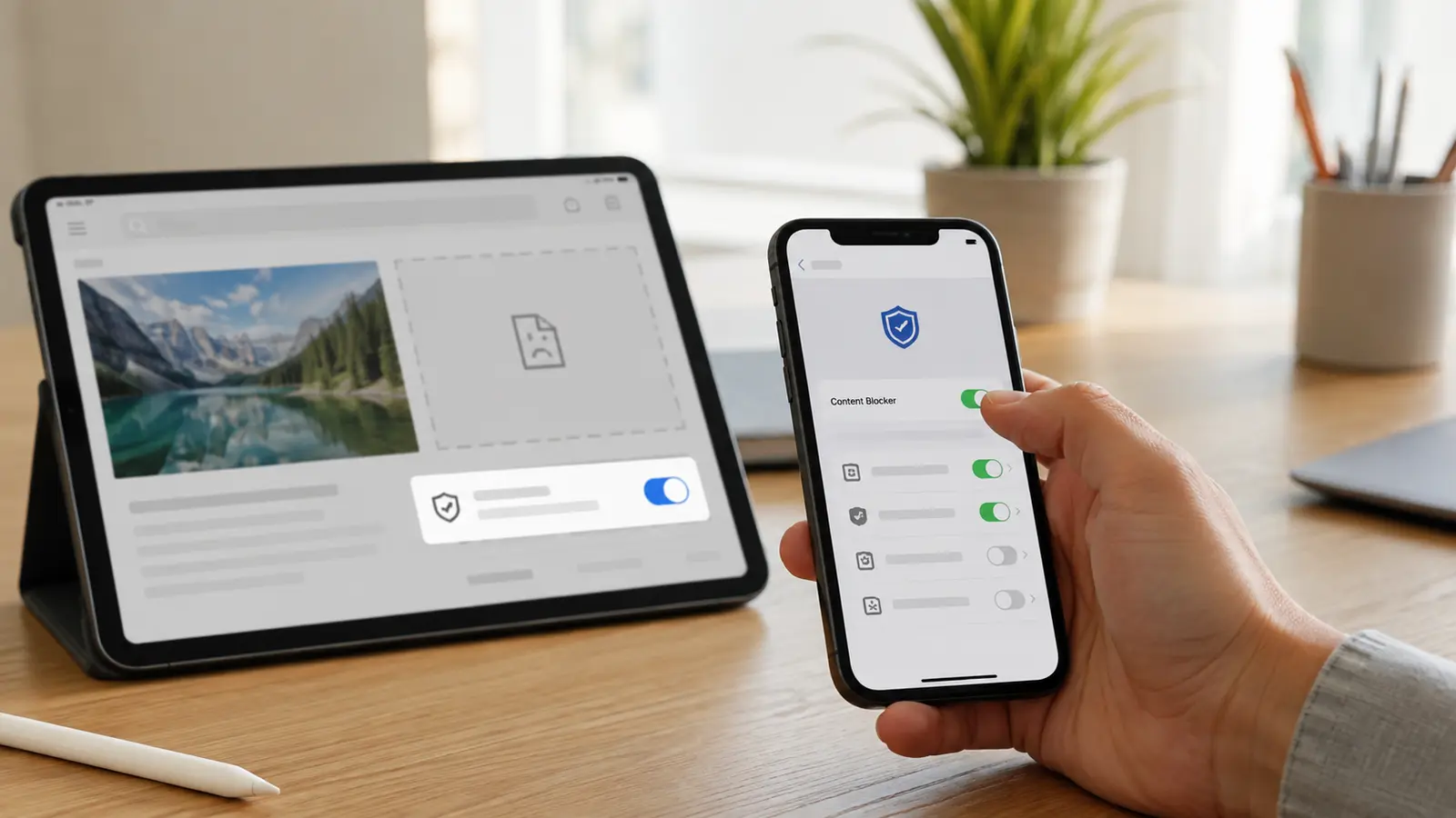 Hand enabling a browser content blocker on iPhone beside an iPad with a broken page element