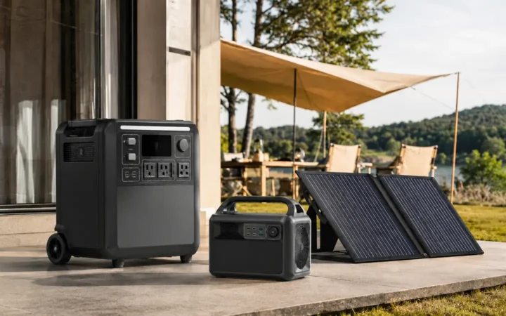 Editorial visualization of large and compact portable power stations beside solar panels at a campsite