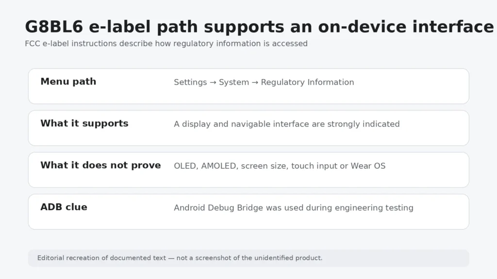 G8BL6 regulatory information menu path from FCC e-label evidence