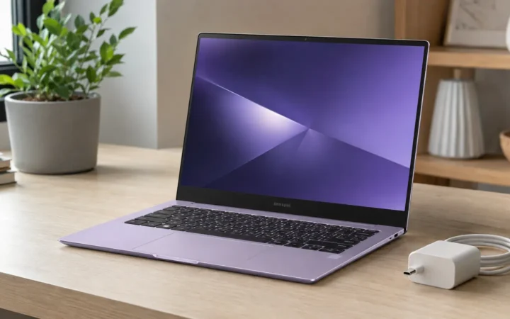 Editorial visualization of a slim silver 14-inch laptop open on a modern desk